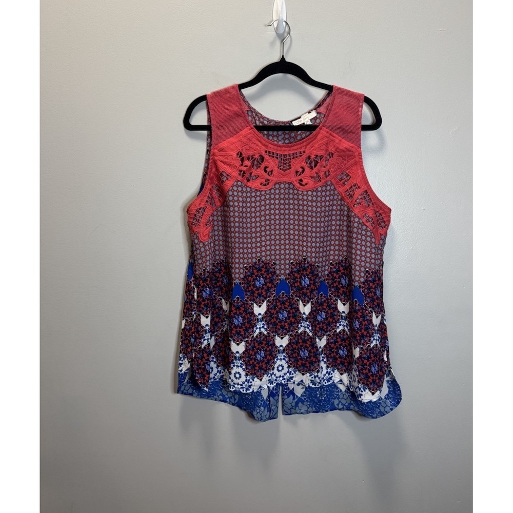 Pale Sky Women's Top SZ XXL Sleeveless Lace Red White Blue Hi‎ Low Shirt